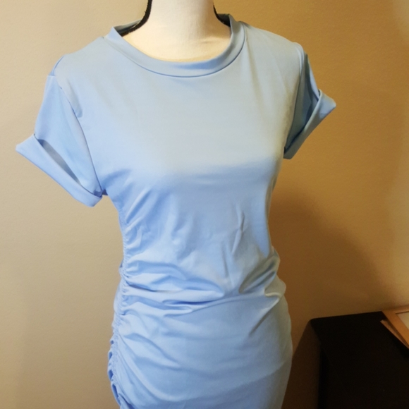 Blue Drawstring Ruched Short Sleeve Dress New - Picture 3 of 7